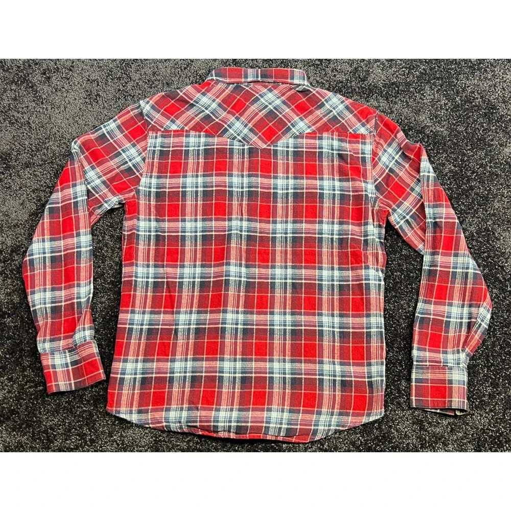 Levi's‎ Mens Flannel Western Shirt Red Blue Plaid LS Pearl Snap L 100% Cotton